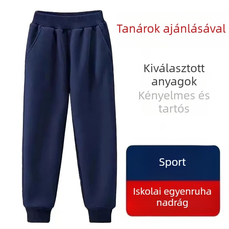 Gyermekek iskolai egyenruha nadrág pamutból, vékony tavasz–ősz, hosszú, uniszex, elasztikus derekú és bokán szorított fazon