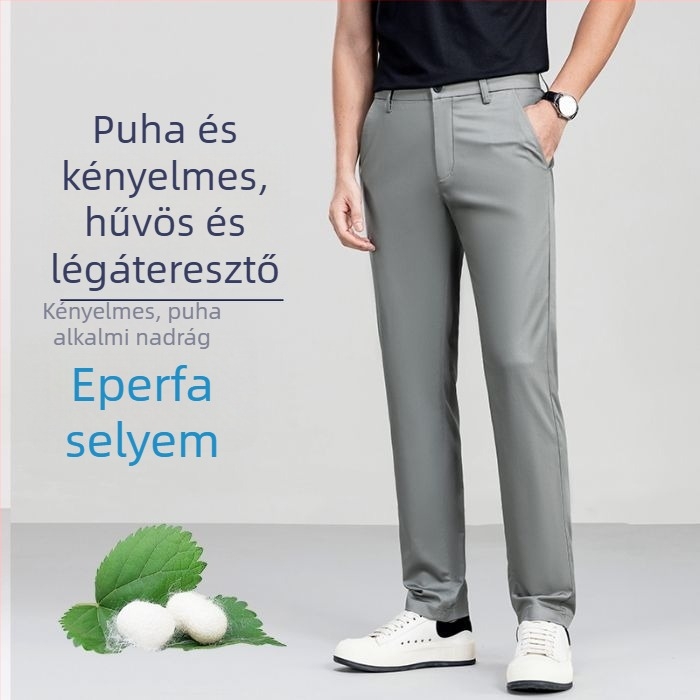 Férfi Mulberry selyem hűsítő egyenes szárú nadrág, gyűrődésálló, vékony nyári lazább stílusú nadrág