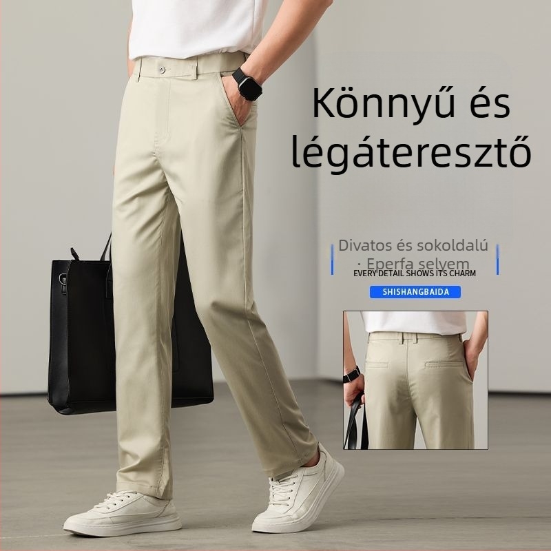 Férfi Mulberry selyem hűsítő egyenes szárú nadrág, gyűrődésálló, vékony nyári lazább stílusú nadrág