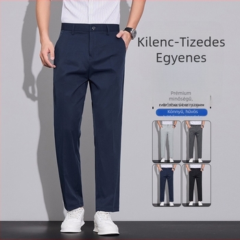 2026 tavasz–nyár férfiaknak: slim szabású egyenes cropped nadrág, kis méret, drapírozott, gyűrődésmentes