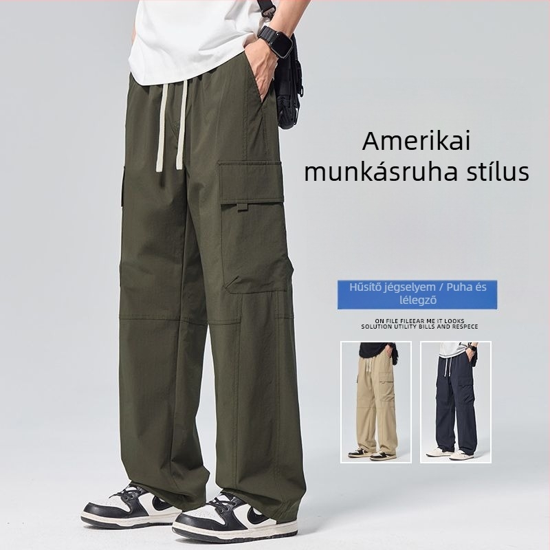 Danbaoni Férfi nyári hűsítő Ice-Silk nylon nadrág, laza szabású, egyenes szár, több zseb