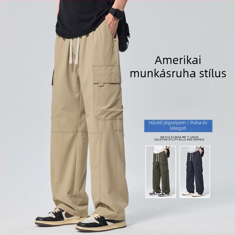 Danbaoni Férfi nyári hűsítő Ice-Silk nylon nadrág, laza szabású, egyenes szár, több zseb
