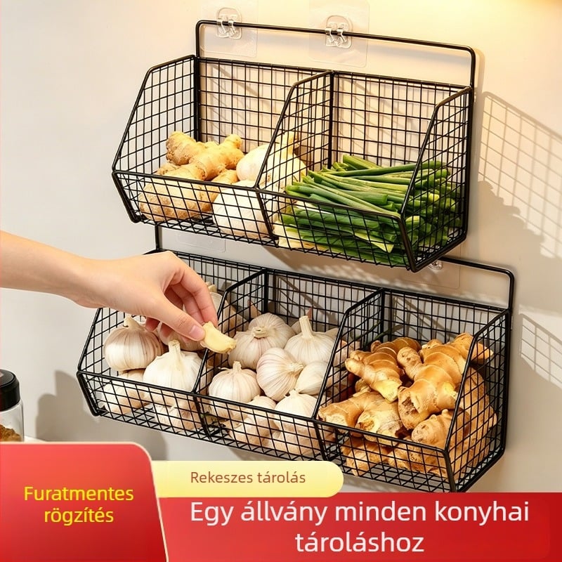 Fali konyhai tárolóállvány hagyma, gyömbér és fokhagyma számára — multifunkcionális zöldségkosár