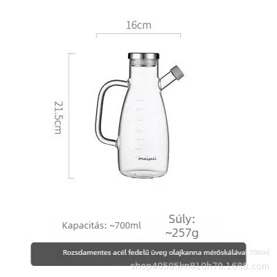 Üveg olajtartó üveg mérőskálával a kontrollált kiöntéshez, konyhai olajtároló és fűszerolajflakon, zárható kupakkal