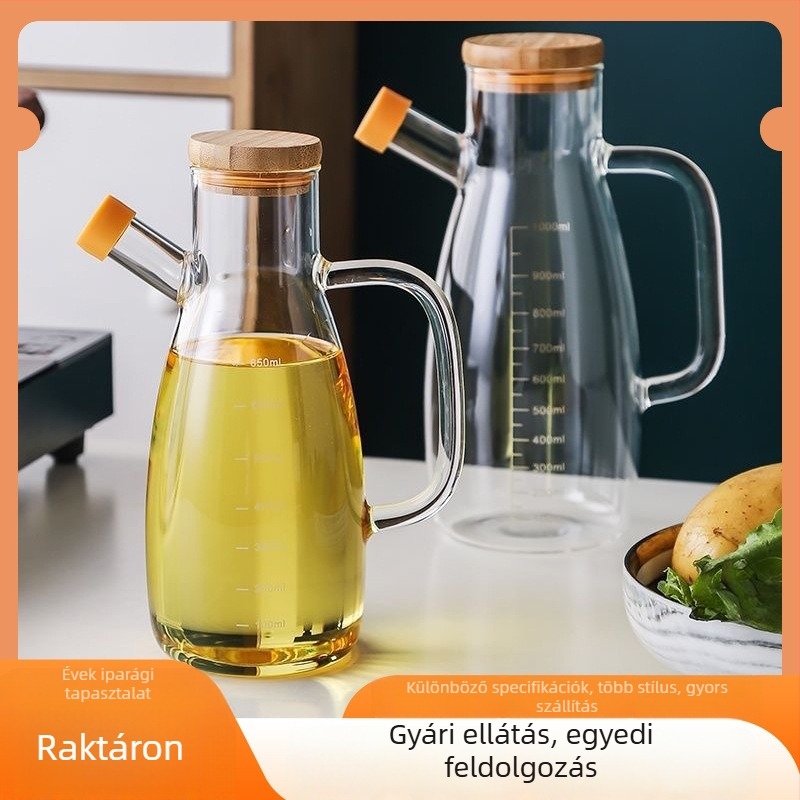 Üveg olajtartó üveg mérőskálával a kontrollált kiöntéshez, konyhai olajtároló és fűszerolajflakon, zárható kupakkal