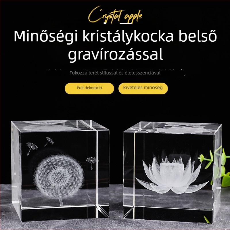 Kristály asztali dísz: kocka két sárkánnyal, esőcsepp motívummal, gravírozott Hold, Naprendszer és galaxis – kreatív ajándék lányoknak