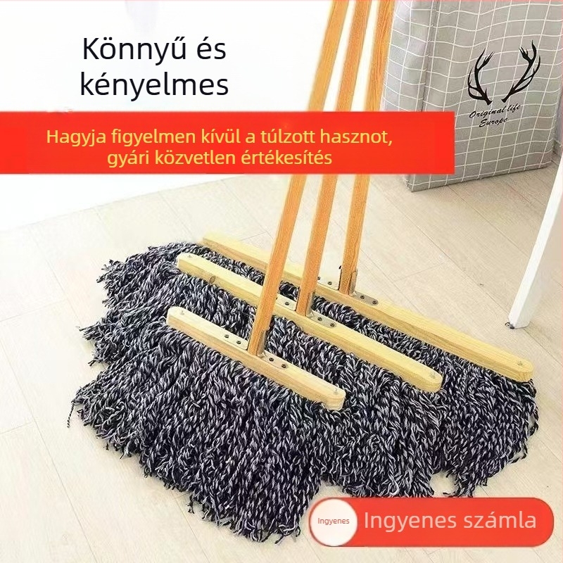 Nagy méretű lapos mop fa nyéllel, megerősített pamutszál fejjel
