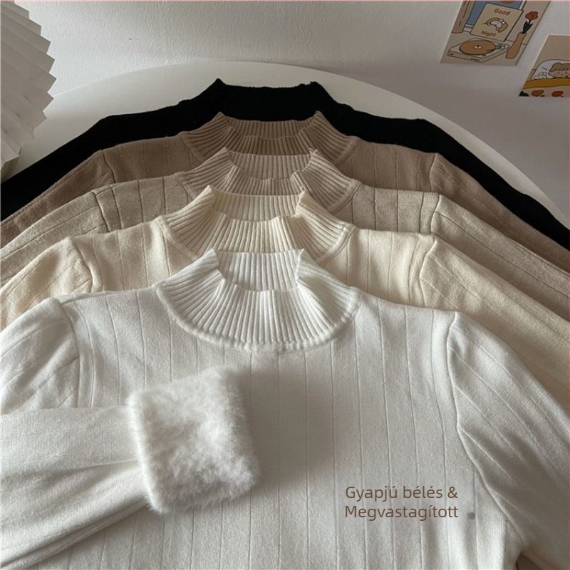 Női pulóver fleece-béléses kötött, meleg és karcsúsító, félmagas gallérral, ősz-tél