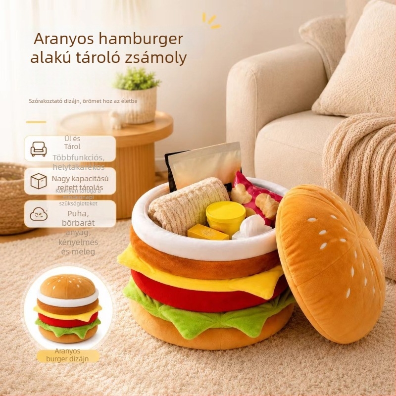 Hamburger alakú tároló szék a nappaliba, elegáns kompakt ülőke a játékok és nassolnivalók tárolására, kreatív multifunkcionális alacsony tároló