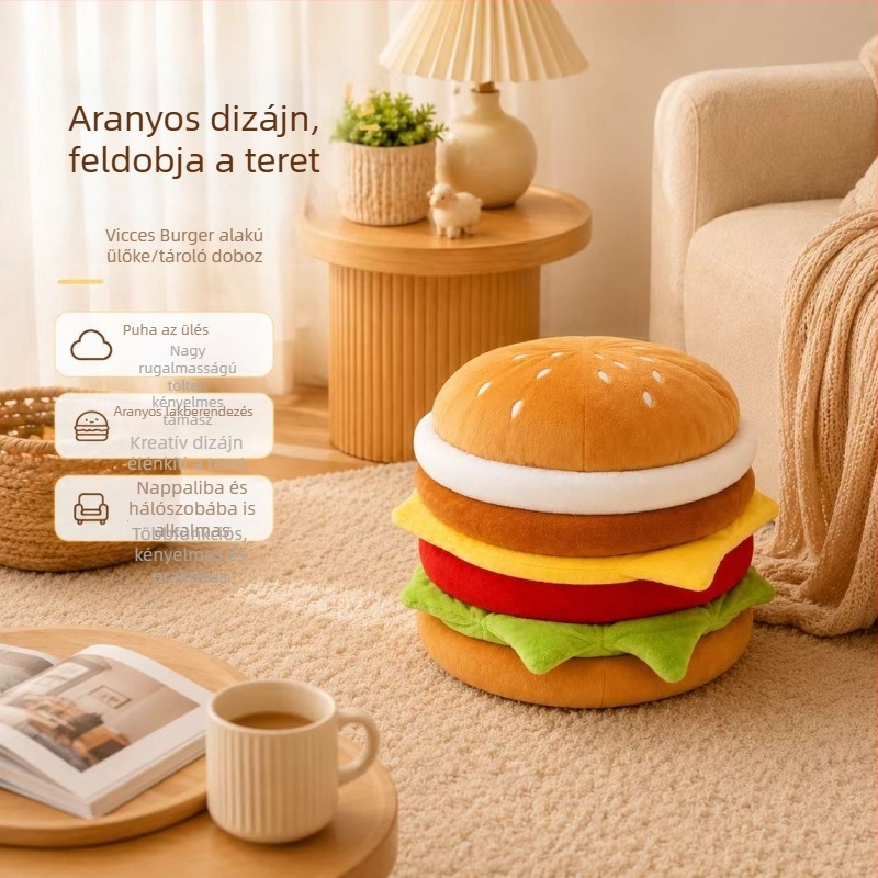 Hamburger alakú tároló szék a nappaliba, elegáns kompakt ülőke a játékok és nassolnivalók tárolására, kreatív multifunkcionális alacsony tároló