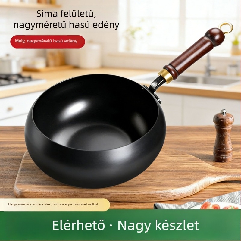 Hagyományos vasfazék széles testtel, bevonat nélkül, otthoni használatra, sík aljzattal, indukciós tűzhelyhez alkalmas, 24/26/28 cm