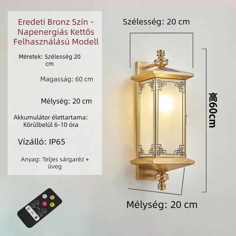 Napelemes teljes réz falikar, kínai retro stílusú kültéri, vízálló, villa és kert használatra, folyosó