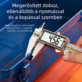 Fedéllel nyitható fém szerszámosláda, nagy kapacitású, többfunkciós tároló