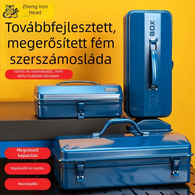 Fedéllel nyitható fém szerszámosláda, nagy kapacitású, többfunkciós tároló