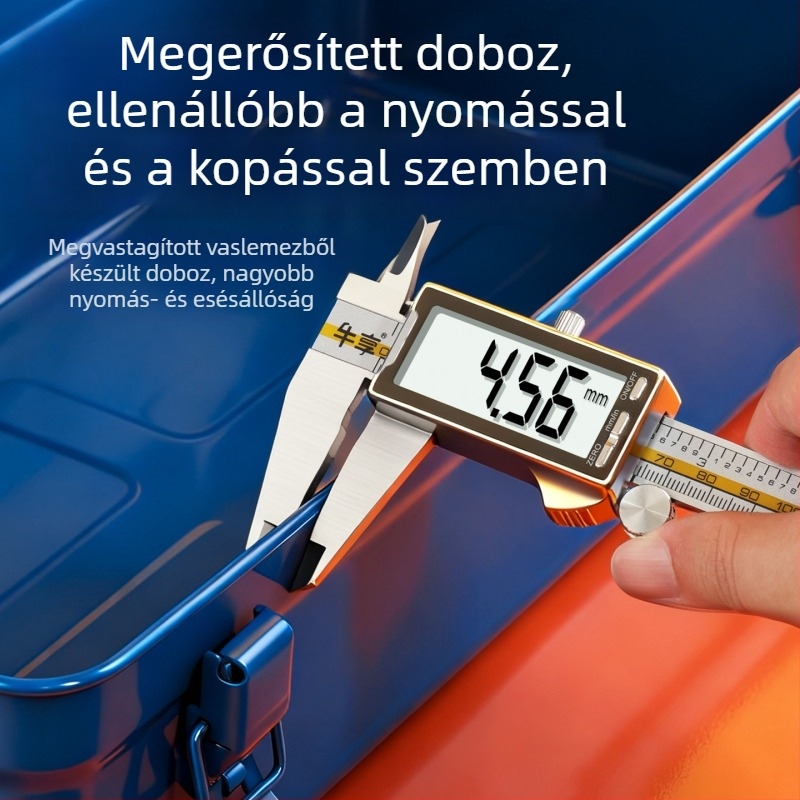 Fedéllel nyitható fém szerszámosláda, nagy kapacitású, többfunkciós tároló