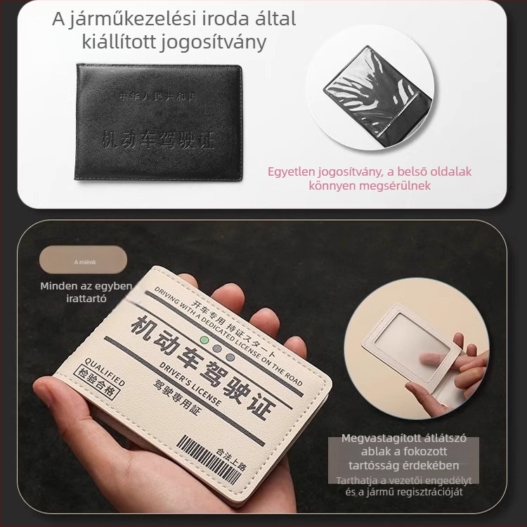 Bőr vezetői engedély-tároló és kártyatartó, 3 az 1-ben dokumentumok rendező, uniszex
