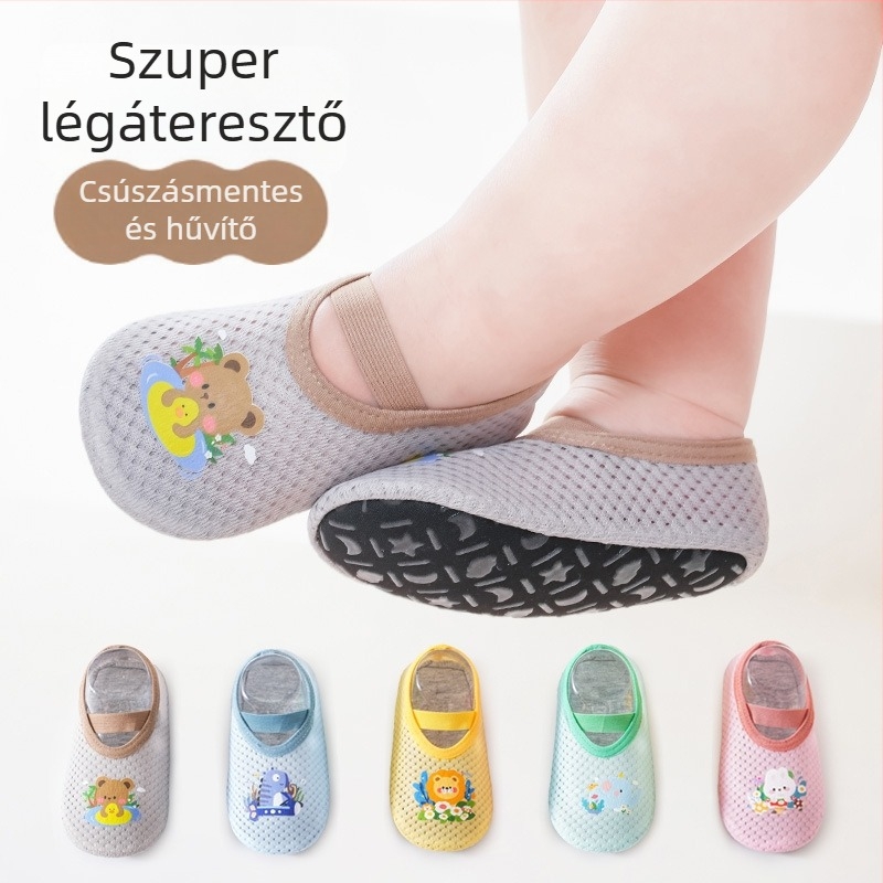Nyári bébi zokni a talpra, 0–12 hónap, uniszex, csúszásmentes, puha talp, lélegző hálószövet, tanuló járáshoz