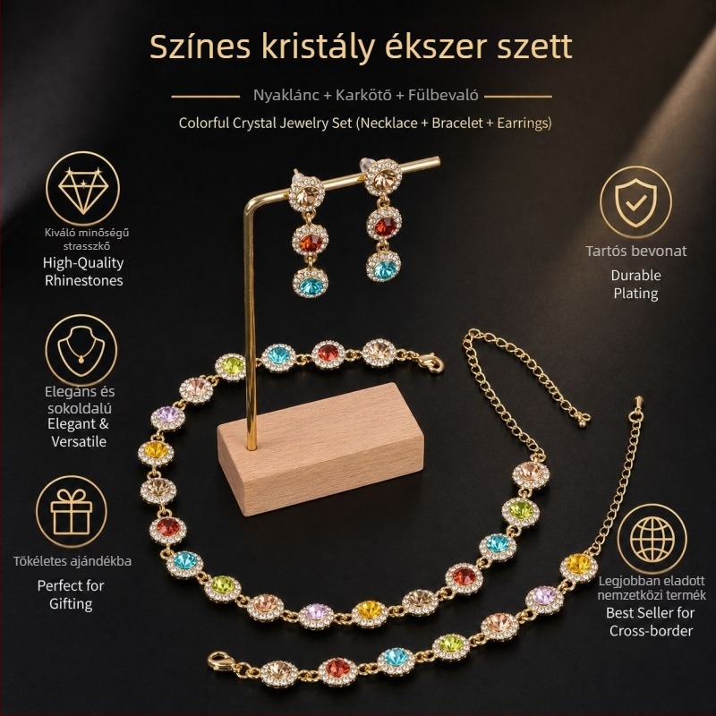 Rainbow gyémánt chok er ékszerszett nőknek — rövid, elegáns, csillogó choker nyaklánc, fülbevaló és karkötő