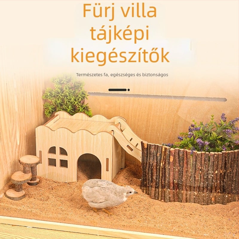 Fából készült játék ház létrával hörcsögök és kisállatok számára; fa tájdekoráció és hörcsög kellékek készlet