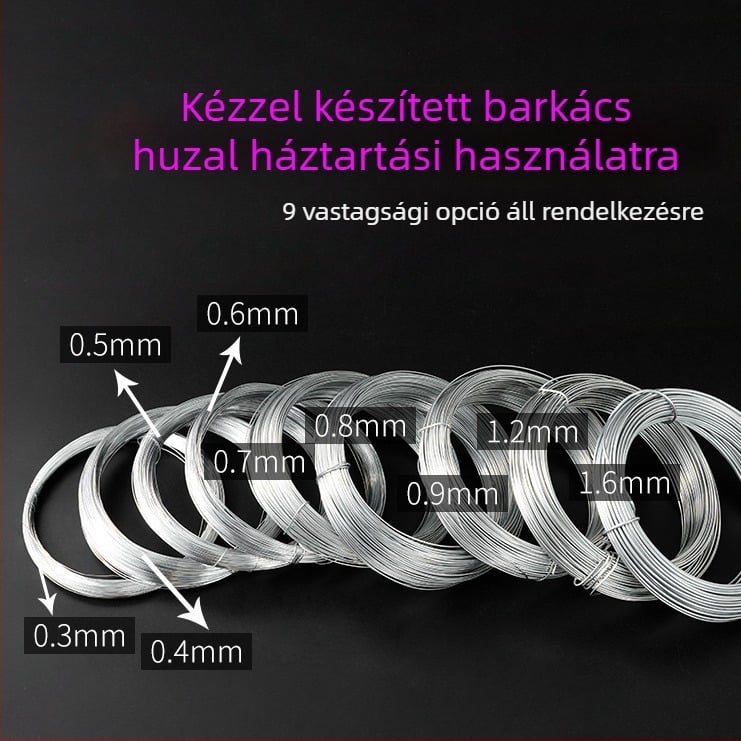 Finom vas huzal virágkötészethez, kézműves és szobrászathoz; hosszú tekercsek különböző átmérőkkel (0,3–1,6 mm)
