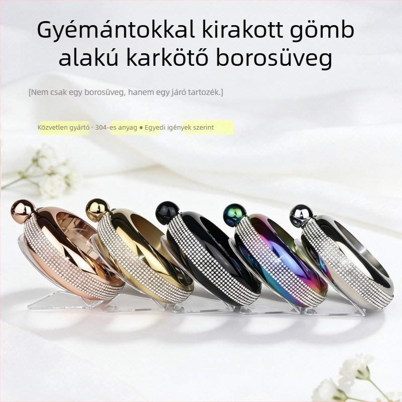 304 rozsdamentes acél köves karkötő-flakon, nőknek, kör alakú 3.5 oz-os likőrös üveg, elektroplattált