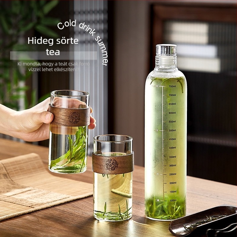 Hideg tea palack, boroszilikát üvegből, 500 ml, hordozható, zárható, ideális hideg teához és hideg vízhez