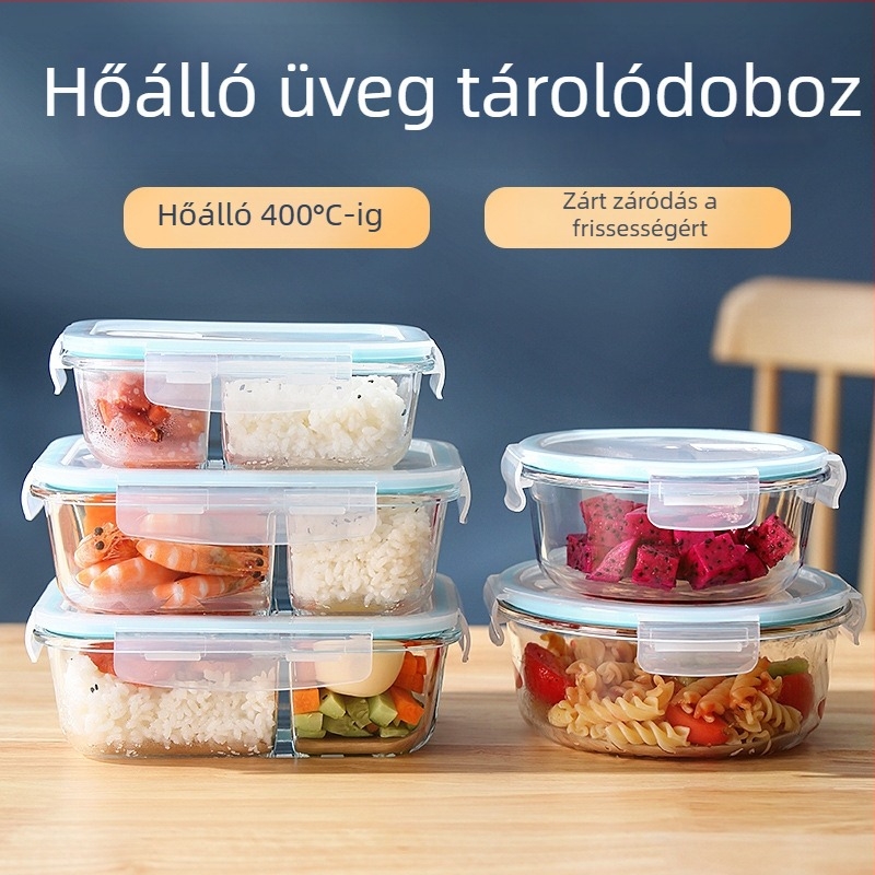 Magas hőállóságú boroszilikát üvegből készült ételtároló edény, mikrohullámú sütőben is használható, téglalap alakú, 800–1000 ml, logóval