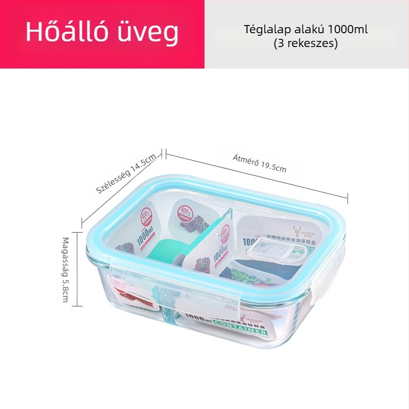 Magas hőállóságú boroszilikát üvegből készült ételtároló edény, mikrohullámú sütőben is használható, téglalap alakú, 800–1000 ml, logóval