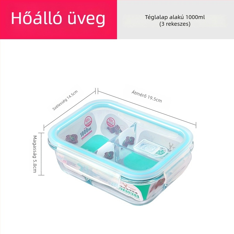 Magas hőállóságú boroszilikát üvegből készült ételtároló edény, mikrohullámú sütőben is használható, téglalap alakú, 800–1000 ml, logóval