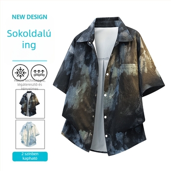 Férfi gradientes tie-dye rövid ujjú ing, kardigán-stílusú dizájn, nyári hongkong-stílusú ink-wash divat