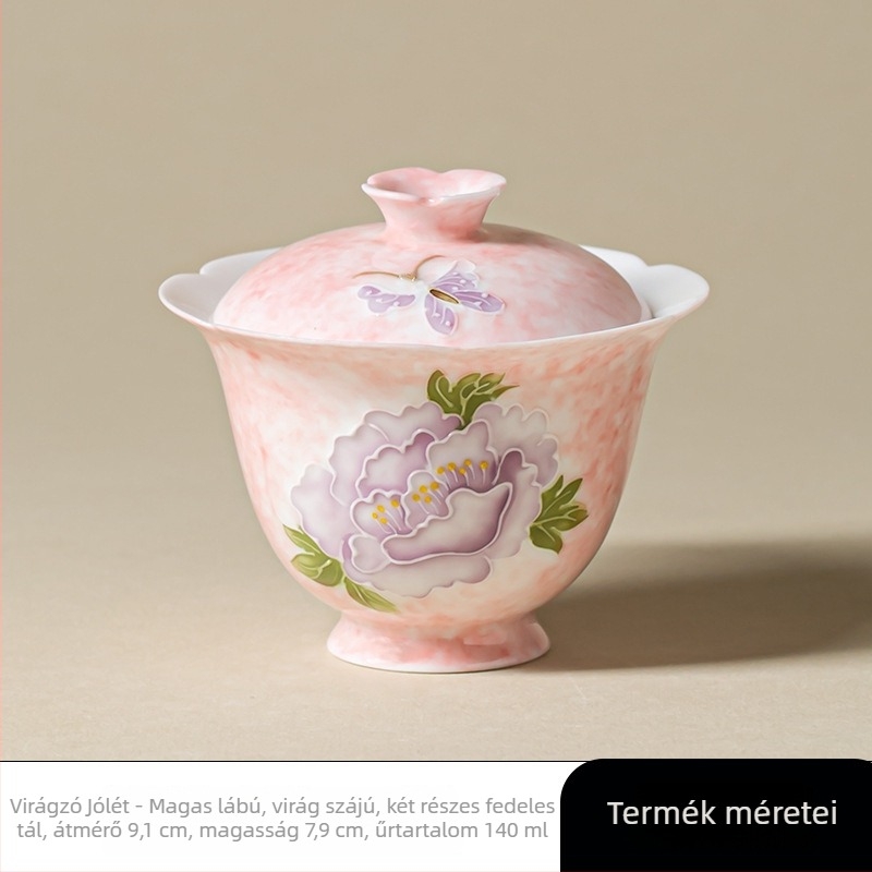 Kézzel festett, magas lábú fedeles tál virágos peremmel, underglaze pasztell Arita-porcelán – teás tál