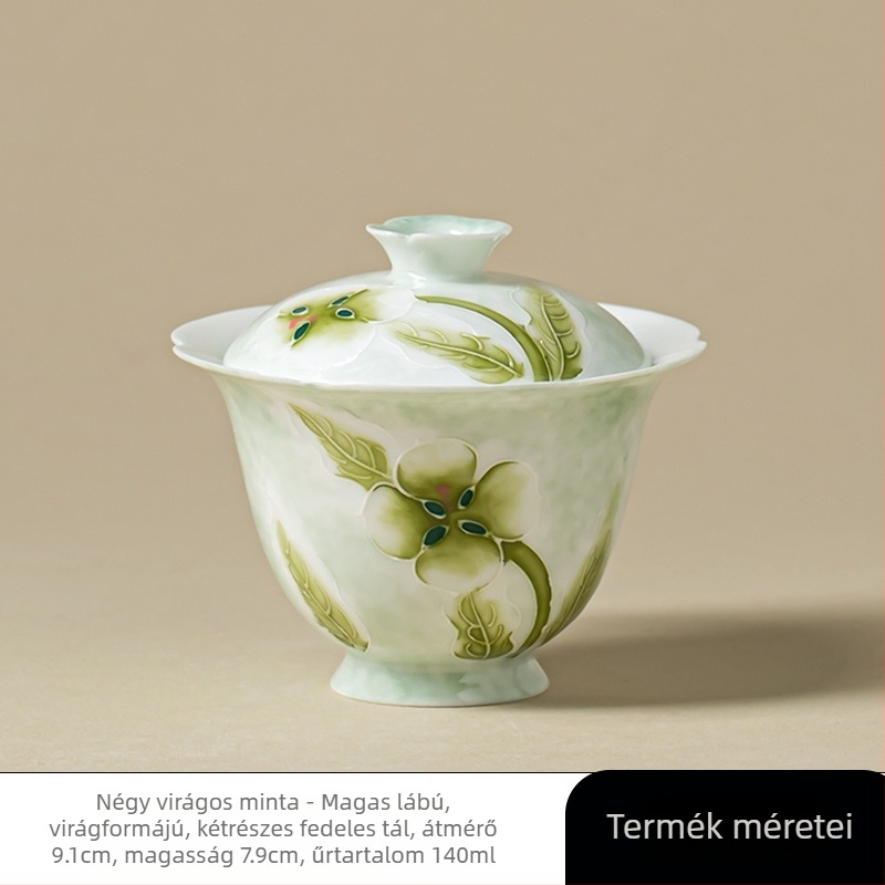 Kézzel festett, magas lábú fedeles tál virágos peremmel, underglaze pasztell Arita-porcelán – teás tál