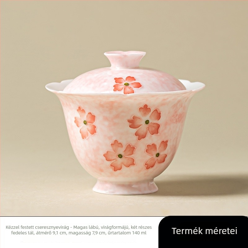 Kézzel festett, magas lábú fedeles tál virágos peremmel, underglaze pasztell Arita-porcelán – teás tál