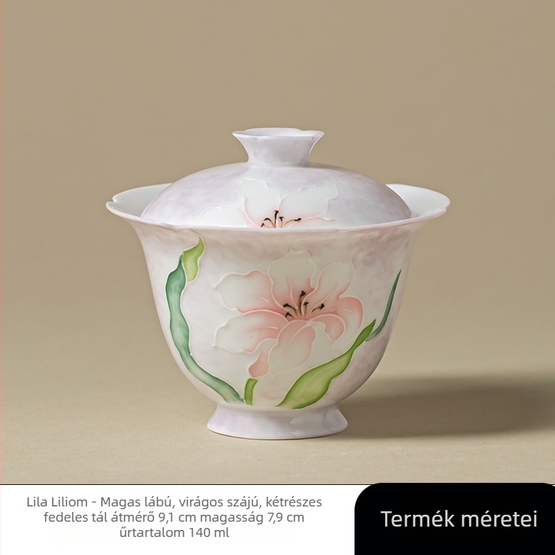 Kézzel festett, magas lábú fedeles tál virágos peremmel, underglaze pasztell Arita-porcelán – teás tál
