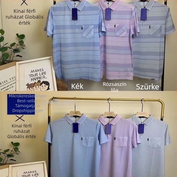 Férfi rövid ujjú polo póló ice silk anyagból, csíkos mintával, nyári viselet