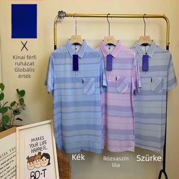 Férfi rövid ujjú polo póló ice silk anyagból, csíkos mintával, nyári viselet