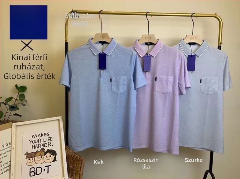 Férfi rövid ujjú polo póló ice silk anyagból, csíkos mintával, nyári viselet