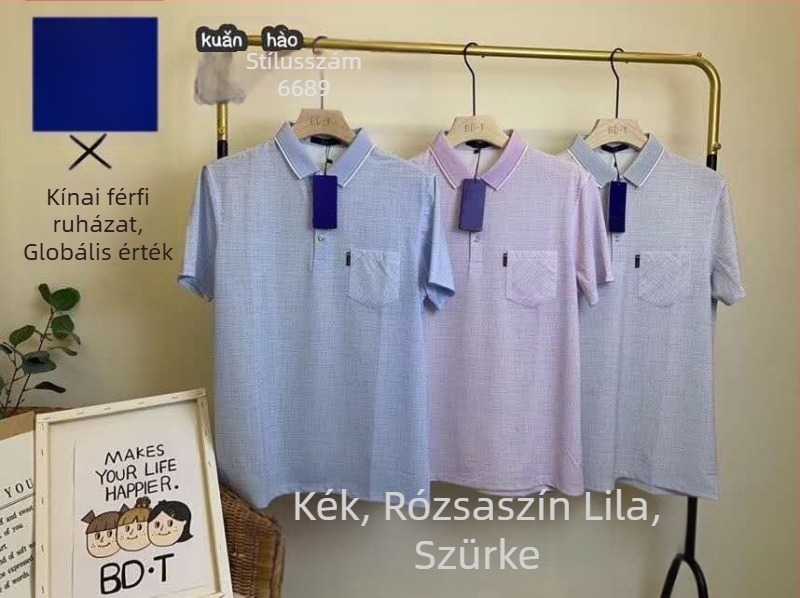 Férfi rövid ujjú polo póló ice silk anyagból, csíkos mintával, nyári viselet