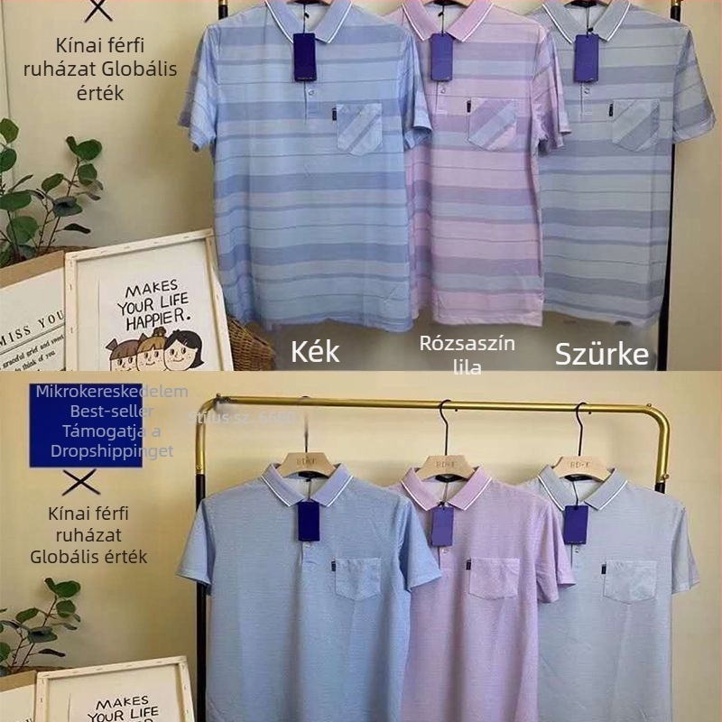 Férfi rövid ujjú polo póló ice silk anyagból, csíkos mintával, nyári viselet