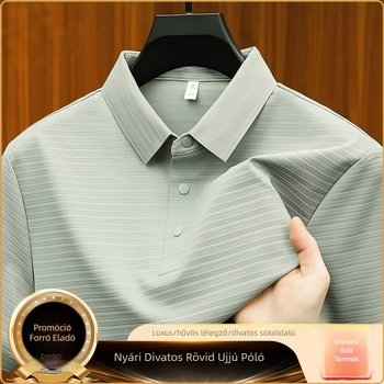 Férfi rövid ujjú jacquard nejlonos polo ing, lazább szabás, hűvös érzet, nyár, csíkos mintázat