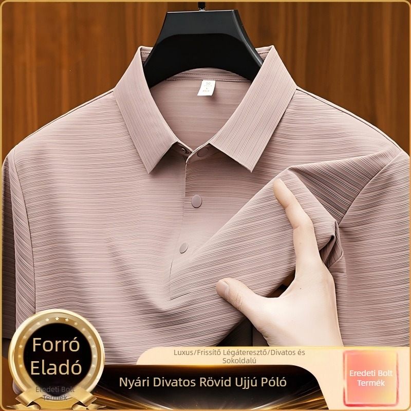 Férfi rövid ujjú jacquard nejlonos polo ing, lazább szabás, hűvös érzet, nyár, csíkos mintázat