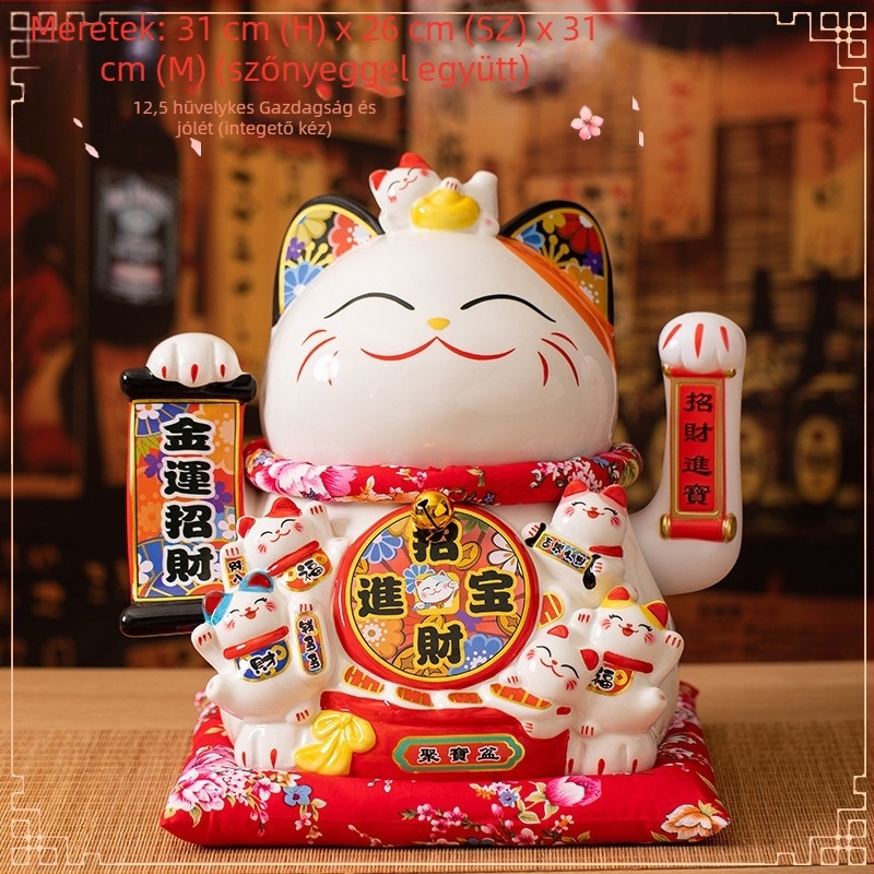 Kerámia Maneki-neko, kezeket rázó, üzletnyitóra, automatikus kézmozdulat, különböző méretek a kasszához és otthoni dekorációhoz