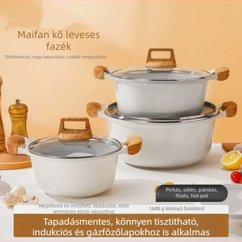 Maifan kő leveses fazék titán bevonatos nem tapadó felülettel, sokoldalú edény levesekhez, lassú főzéshez, sütéshez, gőzöléshez, zabkásához és tejhez; kompatibilis indukciós főzőfelülettel és gázzal.