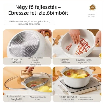 Maifan kő leveses fazék titán bevonatos nem tapadó felülettel, sokoldalú edény levesekhez, lassú főzéshez, sütéshez, gőzöléshez, zabkásához és tejhez; kompatibilis indukciós főzőfelülettel és gázzal.