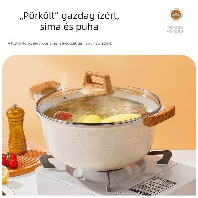 Maifan kő leveses fazék titán bevonatos nem tapadó felülettel, sokoldalú edény levesekhez, lassú főzéshez, sütéshez, gőzöléshez, zabkásához és tejhez; kompatibilis indukciós főzőfelülettel és gázzal.