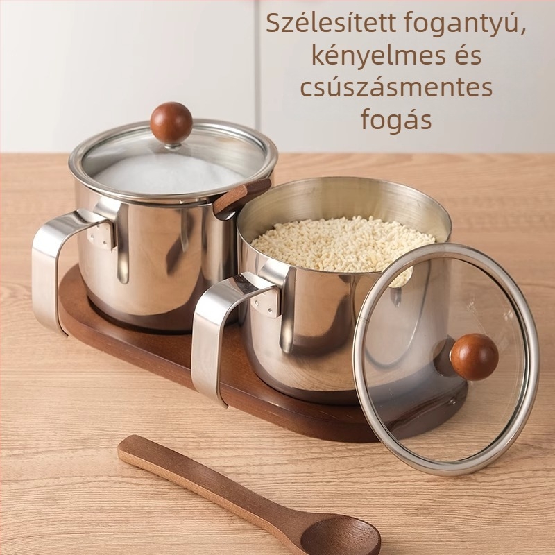 304 rozsdamentes acél fűszertartók készlet, diófa cukortartó és kanálos tálca, koreai konyha stílus