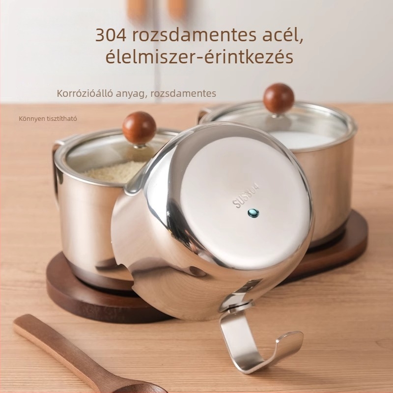 304 rozsdamentes acél fűszertartók készlet, diófa cukortartó és kanálos tálca, koreai konyha stílus