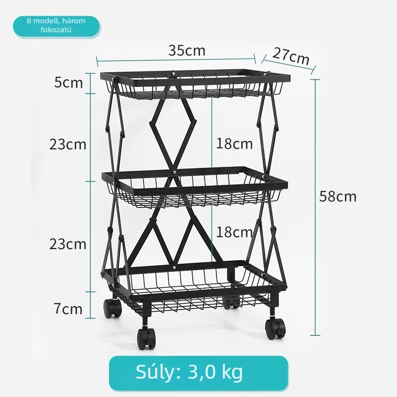 Fém konyhai többtáblás tároló polc gyümölcsök és zöldségek számára, állítható, összecsukható, kerekekkel