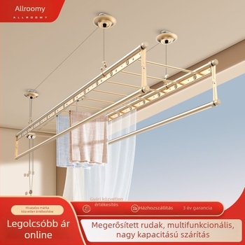 Kézi hajtású ruhaszárító mennyezetre szerelhető, emelhető, szélálló, dupla rúd, erkélyhez