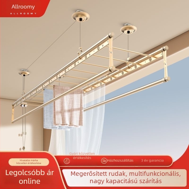 Kézi hajtású ruhaszárító mennyezetre szerelhető, emelhető, szélálló, dupla rúd, erkélyhez